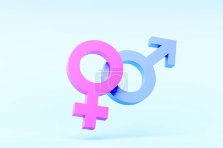 Photo for 3D illustration, minimalist concept. Male and female symbols joined together on blue  background. . Sexual symbols. Gender icon. Couple man and woman. - Royalty Free Image