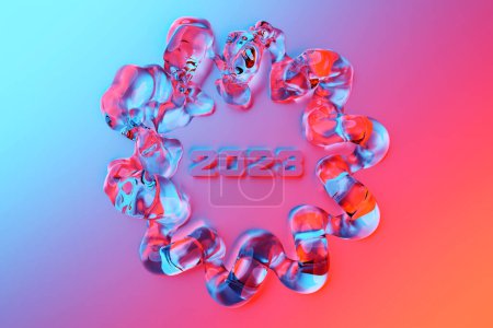 Foto de Calendar header number 2023 on pink  background. Happy new year 2023 colorful background. - Imagen libre de derechos