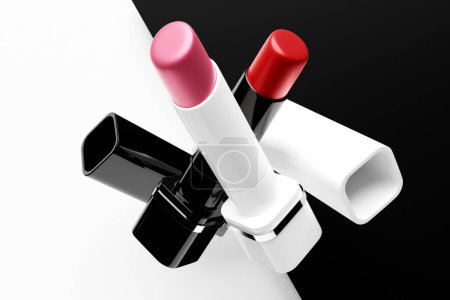 Photo for 3D illustration, set of color lipsticks. Red  and pink lipsticks.  Modern trendy design. - Royalty Free Image