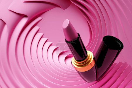 Foto de Ilustración 3D, empaquetado de lápiz labial con formas abstractas rosadas modernas. elegancia cosmética anuncios bandera maqueta. concepto de maquillaje de belleza. - Imagen libre de derechos