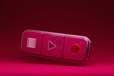Foto de Ilustración 3d del botón del interruptor de música magenta: iniciar, detener y grabar la canción en un fondo aislado de magenta - Imagen libre de derechos