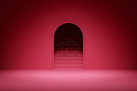 Photo for 3d illustration of a  magenta  round arch at the back on a  monocrome   background. A close-up of a round monocrome pedestal. - Royalty Free Image