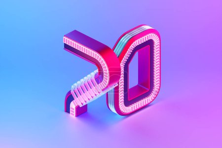 Photo for 3D illustration, Number 70 seventy  over c neon lights on pink background. Cartoon creative design icon - Royalty Free Image