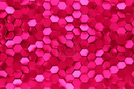 Téléchargez les photos : Illustration 3D d'un nid d'abeille rose. Modèle de formes hexagonales géométriques simples, fond mosaïque. - en image libre de droit