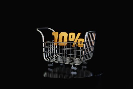 Photo for 3D shopping basket shop cart and promotional labels on  black  background shopping bag buy sell discount 3d  illustration - Royalty Free Image