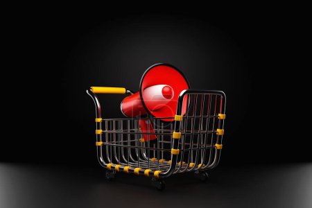 Téléchargez les photos : 3D illustration of a red loudspeaker lies in a grocery cart. The concept of searching for goods and services in online stores, marketing research - en image libre de droit