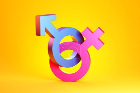 Foto de 3D illustration, minimalist concept. Male and female symbols joined together on yellow background. . Sexual symbols. Gender icon. Couple man and woman. - Imagen libre de derechos