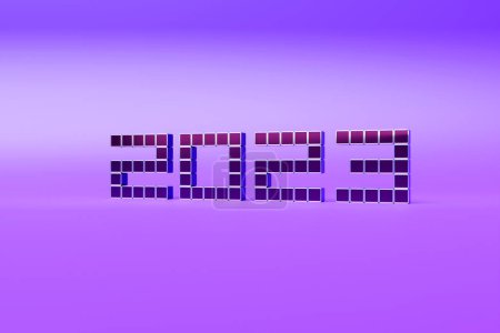 Foto de 3D illustration inscription 2023 on a purple background. Changeability of years. Illustration of the symbol of the new year. - Imagen libre de derechos