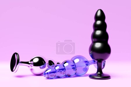 Téléchargez les photos : 3D illustration, a collection of different types colorful  of sex toys, including dildo and   butt anal plugs on  pink background. - en image libre de droit