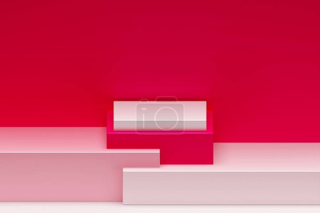 Téléchargez les photos : 3d illustration of a red and white  podium. 3d rendering. Minimalism geometry background - en image libre de droit