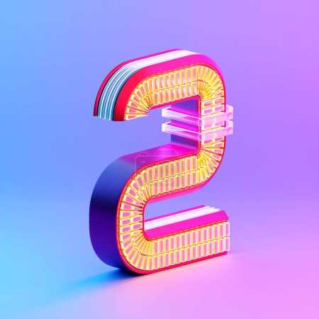 Photo for 3D illustration, Number 2 two over c neon lights on pink background. Cartoon creative design icon - Royalty Free Image
