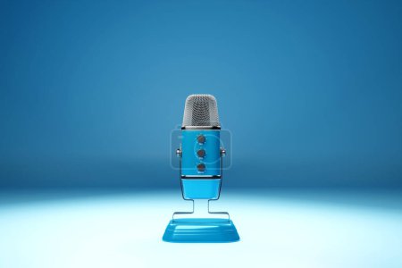 Téléchargez les photos : Blue retro  microphone icon on a blue  background, close-up view. Live show, music recording, entertainment concept. 2022-11-01-19 - en image libre de droit