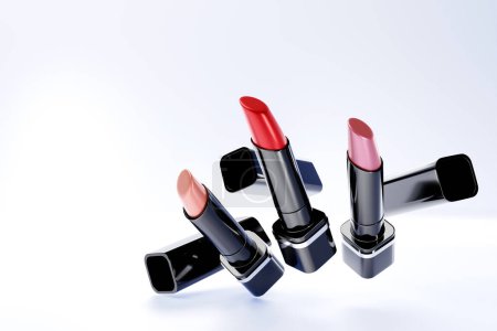 Photo for 3D illustration, set of color lipsticks.  Make-up and cosmetics  scene  for beauty brand product design - Royalty Free Image