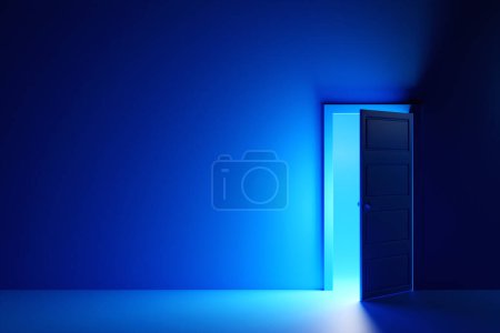 Téléchargez les photos : 3d illustration of open door from which blue light shines in a dark room with blue  light.  Riddle, adventure and mystic concept - en image libre de droit