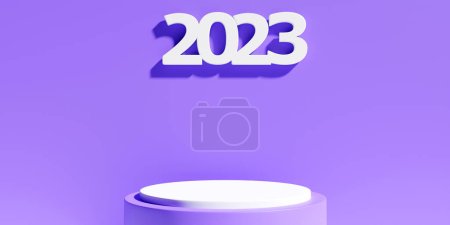 Foto de Calendar header number 2023 on purple  background. Happy new year 2023 colorful background. - Imagen libre de derechos