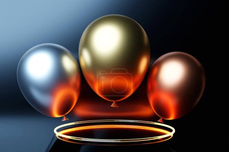 Foto de 3D illustration of a round podium of winners with airy gold, silver and bronze balloons on a black isolated background. Pedestal. Empty pedestal of winners. - Imagen libre de derechos