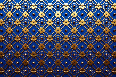 Téléchargez les photos : Motif floral doré dans un style oriental sur un fond bleu. Illustration 3D - en image libre de droit