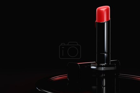 Photo for 3d render illustration of lipstick on black podium. Modern trendy design.  Realistic open tube of lipstick. - Royalty Free Image