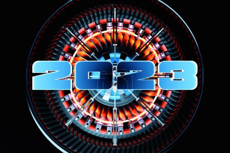 Foto de 3d illustration Futuristic tech postcard with the year 2023 on the background of a metallic  spaceship or robot  detail. Abstract graphics in the style of computer games. - Imagen libre de derechos