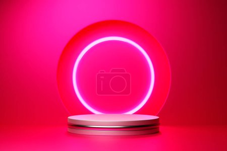 Téléchargez les photos : Illustration 3D d'un podium en cercle rose sur fond de composition géométrique. Rendement 3D. Minimalisme géométrie fond - en image libre de droit