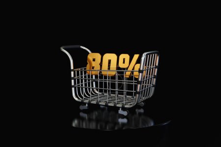 Photo for Empty metal supermarket shopping cart, side view with 80% big discount. Realistic supermarket cart, 3D illustration of retail trolley - Royalty Free Image