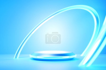 Téléchargez les photos : 3d illustration of a blue circle podium stand on the background of a geometric composition. 3d rendering. Minimalism geometry background - en image libre de droit