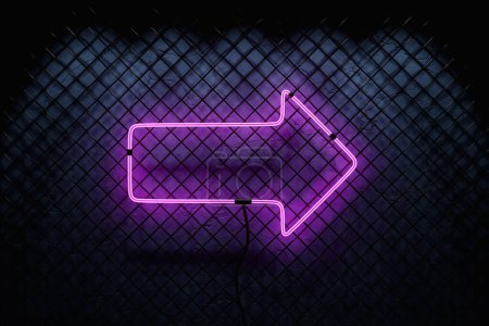 Téléchargez les photos : 3D illustration of the neon  pink arrow on a mesh wall. Realistic shiny signboard. Glowing arrows icon. Colored neon banner. - en image libre de droit