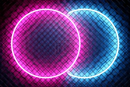 Foto de Glowing pink  and blue  neon lighting ellipse  on metal mesh  background. - Imagen libre de derechos