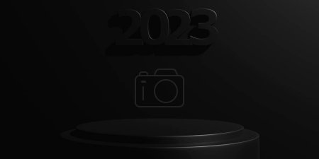 Foto de 3D illustration inscription 2023 on a black background. Changeability of years. Illustration of the symbol of the new year. - Imagen libre de derechos