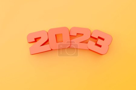 Foto de 3D illustration inscription 2023 on a yellow background. Changeability of years. Illustration of the symbol of the new year. - Imagen libre de derechos