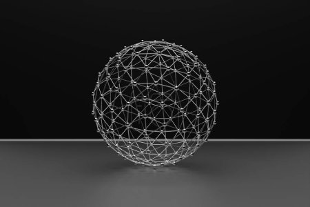 Téléchargez les photos : Sphère 3D abstrait de points et de rayures au néon. Connexion au réseau mondial. Abstrait Globe Grid. Concept mondial de communication. - en image libre de droit