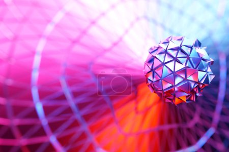 Téléchargez les photos : 3D illustration of a transparent glass  ball  with many faces, crystals scatter   under a pink neon light. Simple geometric figure. Cyber ball shape - en image libre de droit