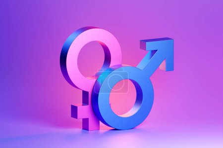 Foto de 3D illustration, minimalist concept. Male and female symbols joined together on pink background. . Sexual symbols. Gender icon. Couple man and woman. - Imagen libre de derechos