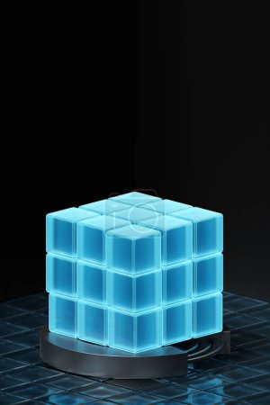 Foto de 3d ilustración azul trancparent cubo de neón. Cuadrados de luz sobre fondo monocromo, patrón. Fondo de geometría - Imagen libre de derechos