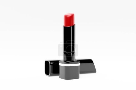 Téléchargez les photos : 3d render illustration of lipstick on  white isolated background. Modern trendy design.  Realistic open tube of lipstick. - en image libre de droit