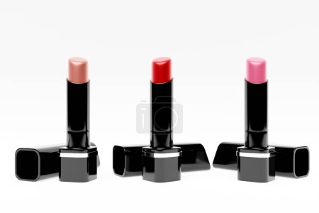 Téléchargez les photos : 3D illustration, Luxury red, beige and pink   lipsticks on  white   background.  Cosmetic branding, glamour lip gloss and shopping sale concept - en image libre de droit