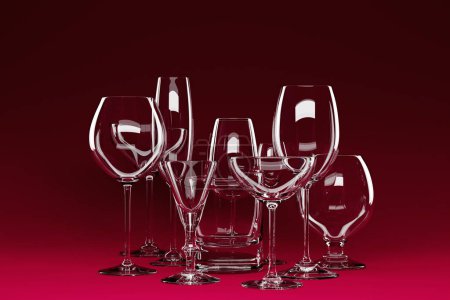 Foto de Ilustraciones 3d de copas para champán, whisky, coñac. Copas de vino para el alcohol sobre fondo magenta - Imagen libre de derechos