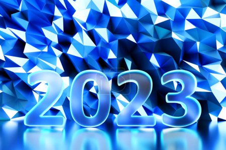 Foto de Encabezado del calendario número 2023 sobre fondo azul. Feliz año nuevo 2023 fondo colorido. - Imagen libre de derechos