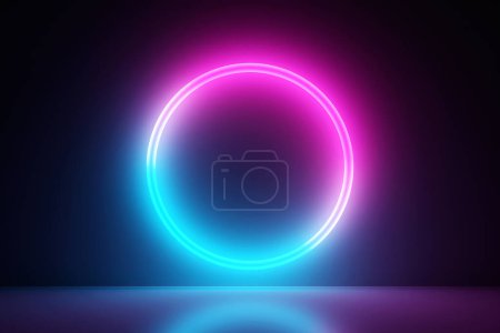 Téléchargez les photos : Rendu 3D abstrait bleu et rose néon rond fractal, portail. Spirale ronde colorée. - en image libre de droit