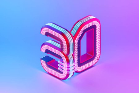 Photo for 3D illustration, Number 30 thirty  over c neon lights on pink background. Cartoon creative design icon - Royalty Free Image