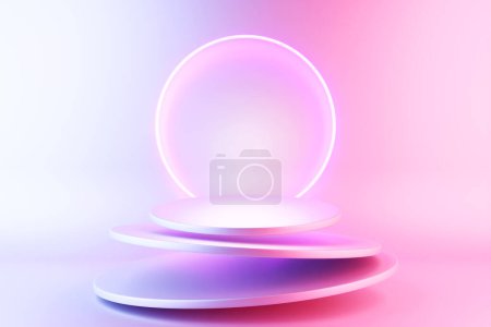 Foto de 3d ilustración de un podio círculo rosa de pie sobre el fondo de una composición geométrica. renderizado 3d. Fondo de geometría minimalista - Imagen libre de derechos
