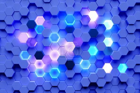 Photo for Abstract hexagonal background with depth of field effect, 3d illustration. A large number of multi-colored hexagons. Honeycomb, 3d panel. - Royalty Free Image