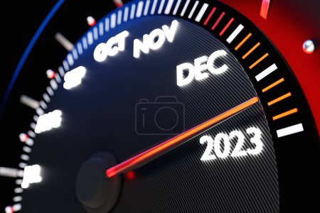Téléchargez les photos : 3D illustration Close up Instrument automobile panel with speedometer, tachometer, which says Merry Christmas 2022, 2023. The concept of the new year and Christmas in the automotive fiel - en image libre de droit