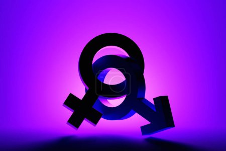 Téléchargez les photos : Symbole de genre féminin rose et masculin bleu. Concept d'idée minime, illustration 3D - en image libre de droit