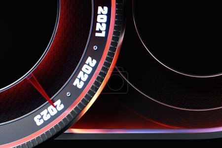 Foto de 3D illustration close up black speedometer with cutoffs 2022,2023. The concept of the new year and Christmas in the automotive field. Counting months, time until the new yea - Imagen libre de derechos