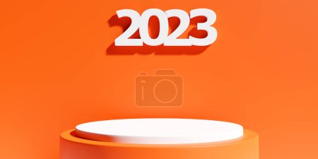 Foto de 3d ilustración de un podio naranja y la inscripción 2023. renderizado 3d. Fondo de geometría minimalista. Ilustración del símbolo del nuevo año. - Imagen libre de derechos