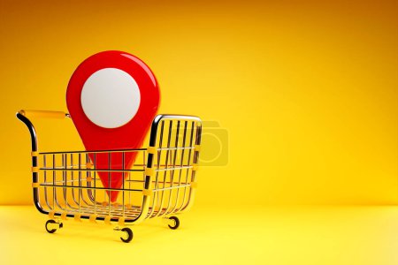Foto de 3d illustration location icon lies in a grocery cart. The concept of finding a place and services in online stores, marketing research - Imagen libre de derechos