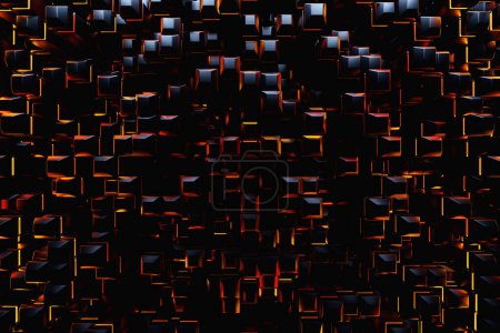 Foto de Representación 3D. Patrón negro de cubos de diferentes formas bajo luces de neón naranja. Patrón minimalista de formas simples. Textura simétrica creativa brillante - Imagen libre de derechos