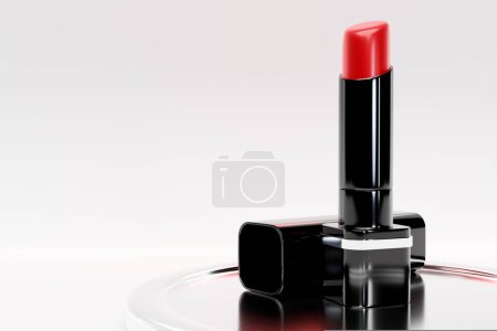Téléchargez les photos : Illustration 3D, Rouge à lèvres rouge luxe sur fond blanc. Marque cosmétique, brillant à lèvres glamour et concept de vente shopping - en image libre de droit