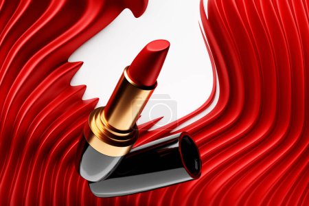 Foto de Lápiz labial maqueta sobre fondo rojo abctract. Presentación de maquillaje de belleza premium. Ilustración 3D - Imagen libre de derechos